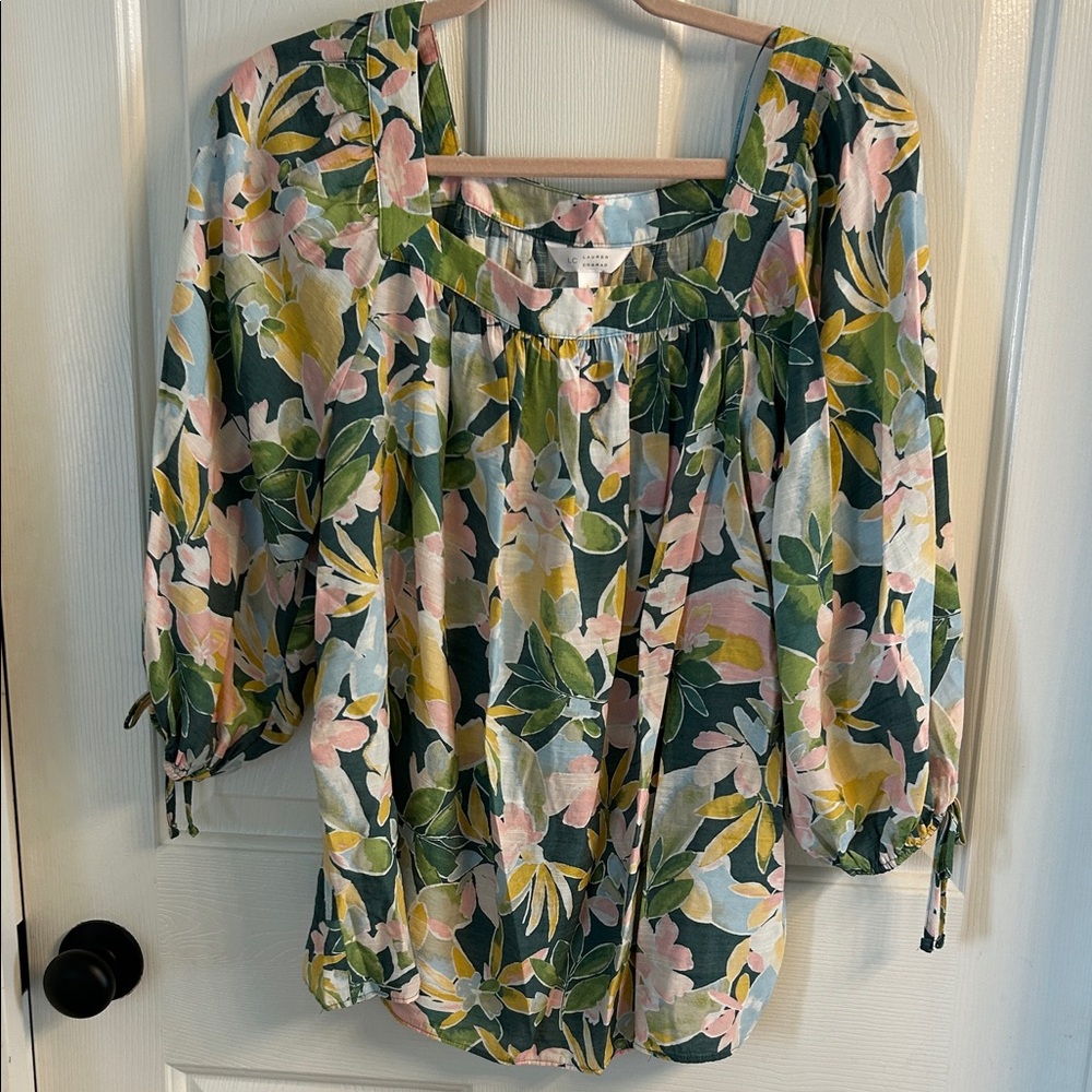 LC Lauren Conrad Multicolor Floral Blouse – Women’s Large, Square Neck & Tie Sle - Picture 2 of 6